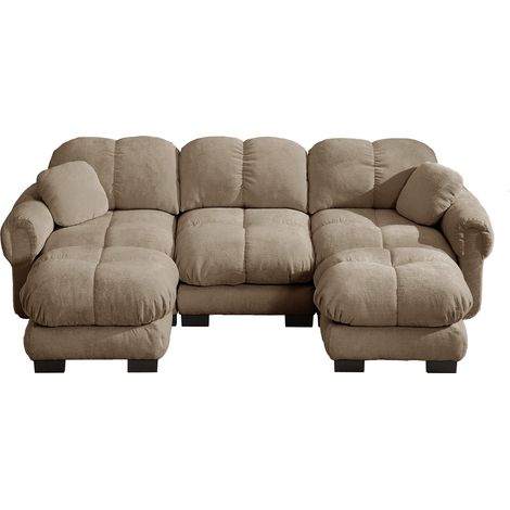 Canapé d'angle en U 3 places en tissu chenille marron avec ottomane mobile et coussins décoratifs (1/5)