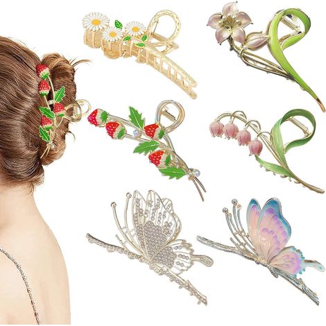 6 PC clips de griffe de cheveux pour les femmes, grandes clips de cheveux de papillon en métal fort clips de cheveux de fleur pour les femmes cheveux épais