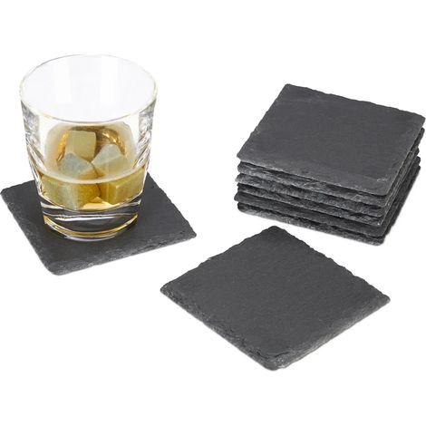 Ein Set aus 4 quadratischen Schieferuntersetzern (10 x 10 cm), leicht zu reinigen, geeignet für Gläser, grau.