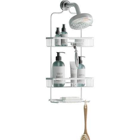 Étagère de douche suspendue avec 2 étagères, porte-savon, supports de rasoir et crochets, chrome satiné – Support de douche antirouille, sans perçage – Organiseur (1/5)