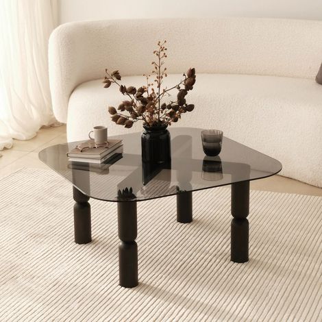 Table basse 80x80x40 cm en verre fumé et bois massif noir (1/5)