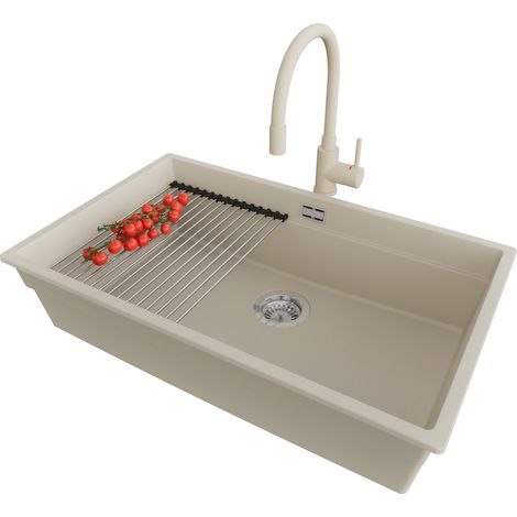 PRIMAGRAN Evier Cuisine en Granit 76x47cm, Lavabo 1 bac + Robinet 38x14cm + Kit de Vidage + Accessoire, Évier à Encastrer au meuble 80cm - Prague Slim, Beige (1/5)