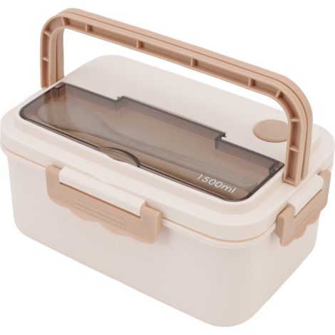 Boîte à lunch de 1500 ml en plastique résistant à la chaleur, de type bento, avec baguettes et cuillère, idéale pour les étudiants (beige). (1/5)