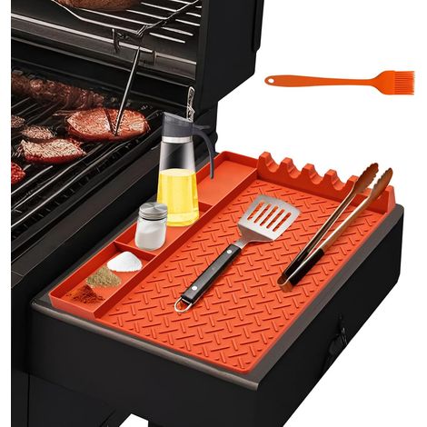 Grillmatte für Gasgrills mit Seitenablagen, Silikon-Spatelmatte, Grillbesteckhalter für Küche, Herd & Grill, Arbeitsplatten (Orange) (1/5)
