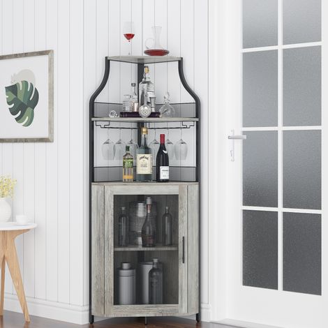 Armoire à Vin d'angle Style Industrielle avec étagère Réglable et Porte en Maille, Meuble de Rangement avec Porte-Verre à Vin, Armoire de Rangement sur Pieds pour Bar, Cuisine, Salon, GRIS (1/5)
