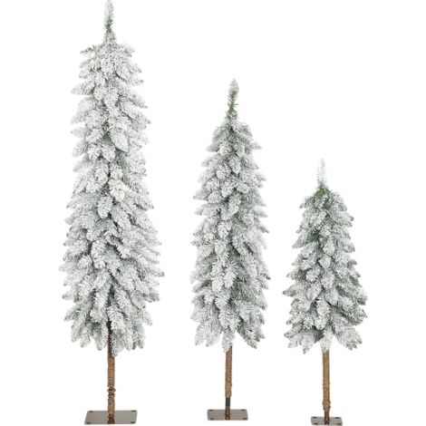 Set di 3 alberi di Natale artificiali a tema neve, disponibili in tre misure, con struttura in metallo, realizzati in plastica ignifuga, nei colori verde e bianco, con consegna a domicilio. (1/5)