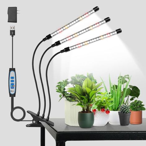 Lampes horticoles pour plantes d'intérieur, LED à spectre complet, blanches, avec minuterie marche/arrêt automatique (3/9/12 h). (1/5)