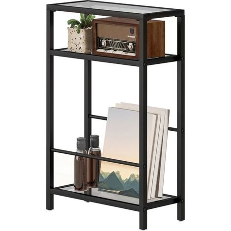 Petite table basse, plateau verre trempé structure acier, 3 niveaux rangement intégré, design étroit, montage facile (1/5)