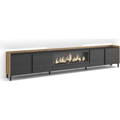 Skraut Home - Mueble TV, Televisión, Muebles de salón, almacenaje, 315x35x61cm, Para TV hasta 80", Chimenea eléctrica XXL, Diseño industrial, LED, Estilo Moderno, Negro y roble (1/5)