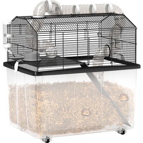 Cage portable pour hamster avec rampe, gamelle, biberon et système de tuyauterie. Dimensions : 58 x 43 x 57 cm. Noire.