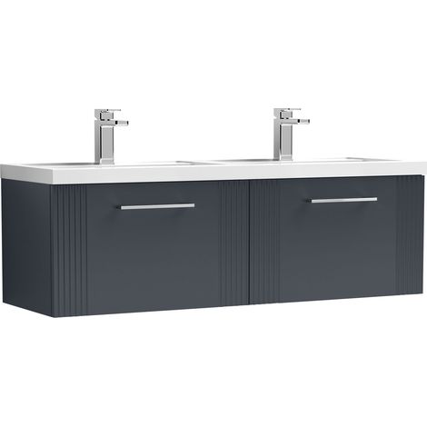 Belvide Partial Fluted 2 Drawer Wall Hung Vanity Unit with Double Polymarble Basin - 1200mm - Satin Dark Grey (1/4)