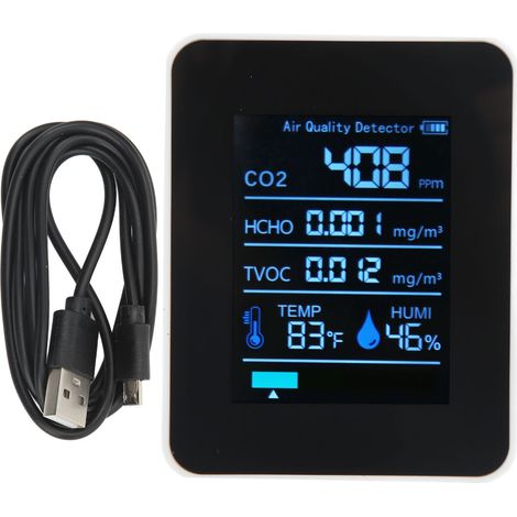 Détecteur de qualité d'air 5 en 1 blanc - Moniteur portable CO2, TVOC, HCHO, température et humidité en temps réel (1/5)