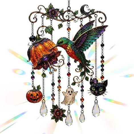 Carillon d'Halloween, adorable colibri fantôme 2D, capteur solaire en acrylique, décoration citrouille pour jardin, terrasse, arbre, balcon et porche. (1/5)