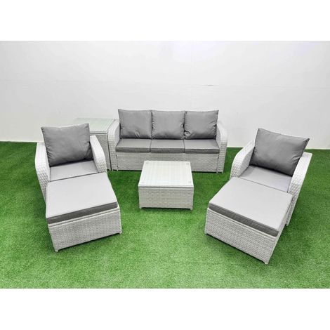 Fimous PE Rattan Garden Furniture Set Reclining Chair Sofa Lounge Sofa Set Square Coffee Table Side Table 2 Big Footstool Light Grey (1/4)