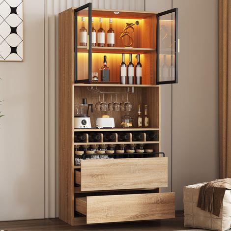 Vitrina LED de 180 cm con almacenamiento abierto, aparador, botellero extraíble, 2 puertas de cristal, 2 cajones, MDF, acabado natural (1/5)