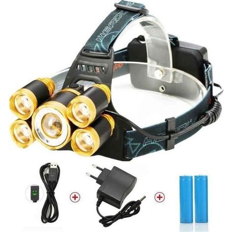 Lampe frontale puissante 8000 lm SGODDE - 1× CREE T6 + 4× CREE XPE, zoomable, étanche, 2× 18650 (1/4)