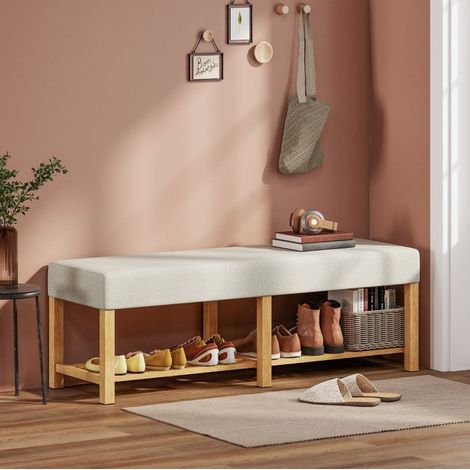 Schuhbank mit Sitzkissen 140 cm Massivholz Cremeweiß OKMYHOME (1/5)