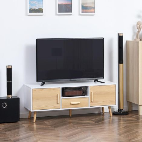 Meuble TV banc TV support TV pour télévision jusqu'à 46 pouces style scandinave avec 1 tiroir, 2 placards, 1 niche, 1 passe câbles (1/5)