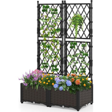 Goplus – Jardinière surélevée avec treillis – 2 bacs auto-arrosants 80x40x25cm – Trous de drainage pour plantes grimpantes – Support haut pour fleurs et légumes (1/5)