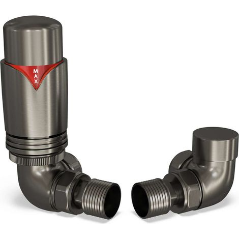 Derry Bold - Pewter Thermostatic Radiator Valve & Lockshield Corner 15mm