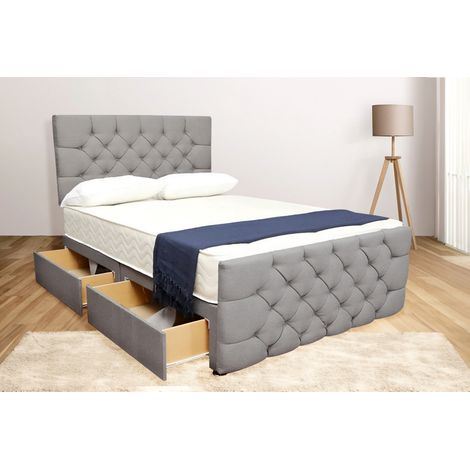 5FT King Grey Suede Chesterfield Divan Bed With Mattress & Sturt Headboard Footboard (2 Drawers)