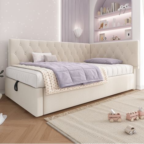 Bett Polsterbett Stauraum 90x190 Samt Beige OKMYHOME (1/5)