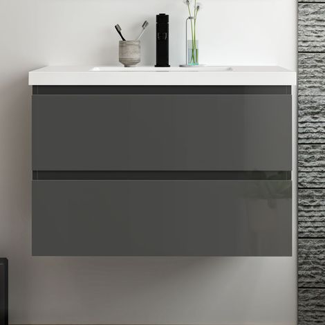 Acezanble Meuble salle de bain 80cm anthracite brillant avec 2 tiroirs à fermeture automatique et simple lavabo