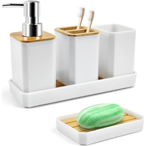 5 Pièces Ensemble d'Accessoires de Salle de Bain Accessoire pour Salle de Bain en Bambou avec Bouteilles de Lotion, Porte-Brosse à Dents, Gobelet à Dents, Porte-Savon, Plateau (Blanc) (1/5)