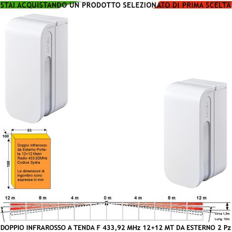 Rilevatore Doppio Infrarosso Tenda Antifurto da Esterno 2 Pezzi Sensori di Movimento 12+12 Metri Lineari Via Radio F 433,92 MHz Anti Jamming Lysa GSM idirezionale Pontegge Impalcature Porticati IP55 (1/4)
