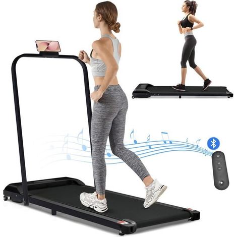 GUTENT Tapis de course pliable 2-en-1 - LED, Bluetooth, support téléphone, moteur silencieux, 1-6 km/h, noir (1/5)