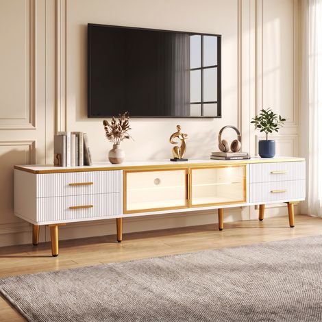 Meuble TV 170x37x47,5cm avec LED 4 Tiroirs 2 Portes en Verre Trempé Panneau de Particules Style Moderne Blanc et Doré (1/5)
