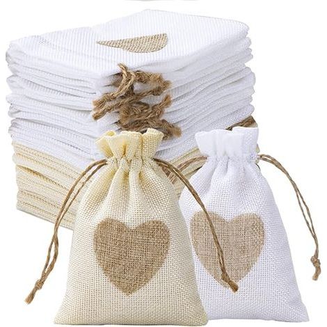 Sacs en Toile de Jute, Lot de 24 Sachets en Lin Chanvre avec Cordon et Motif de Coeur, Jute Pochette Baptême Pochon Tissu Réutilisable pour Mariage, Anniversaire, Fête, Loisirs Créatif (1/5)