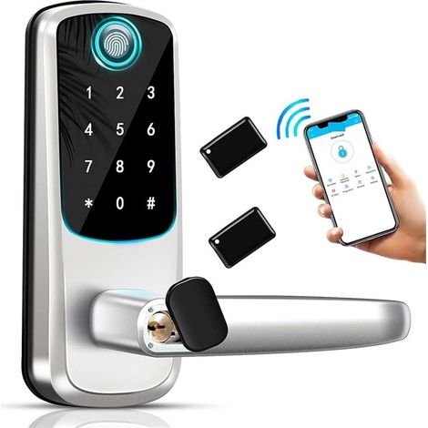 Serrure de Porte Intelligente 5 en 1, avec poignée, Technologie biométrique, Fonction de Stockage et de mémoire, contrôle par Application(Silver) (1/5)