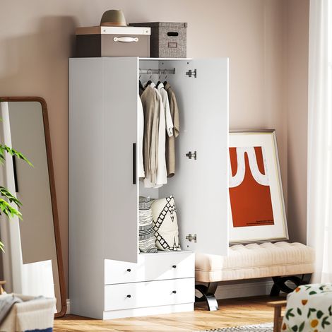 Armoire, 2 portes, penderie, tringle, 2 tiroirs, MDF, blanche