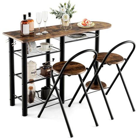COSTWAY Juego de Comedor de 3 Piezas, Mesa de Comedor Retro y 2 Sillas Plegables, Estante de Almacenamiento de 4 Niveles, Estructura de Metal, Juego de Mesa Ahorrador de Espacio para Cocina (1/5)