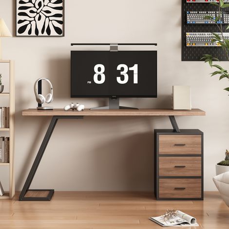 Scrivania 138,5 x 58 x 75 cm con 3 cassetti, supporto per unità centrale, marrone scuro DESVIAE (1/5)