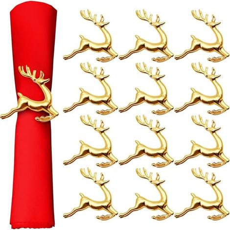 Lot de 12 ronds de serviette de Noël en forme de cerf, couleur or, transparents, pour placer les serviettes sur la table. (1/5)