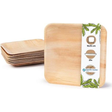 25 assiettes carrées en feuille de palme, biodégradables sans plastique, 15x15 cm, pour événements extérieurs et professionnels