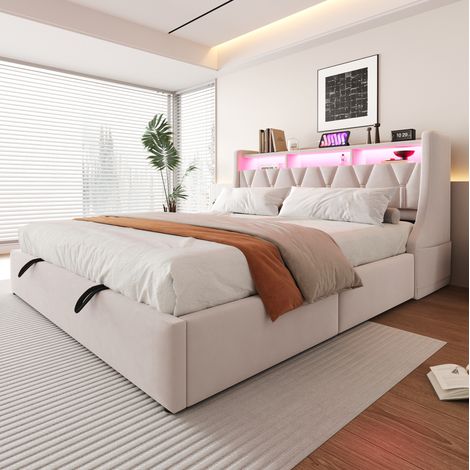 Cama tapizada 180x200 cm beige, terciopelo con almacenaje hidráulico y LED (1/5)