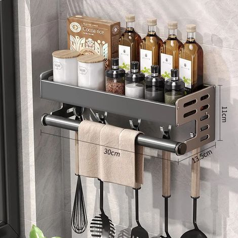 (30 cm B) Étagère de rangement murale multifonctionnelle en aluminium spatial couleur canon de fusil, sans perçage, porte-couteaux à épices, porte-essuie-tout et planche à découper. (1/5)