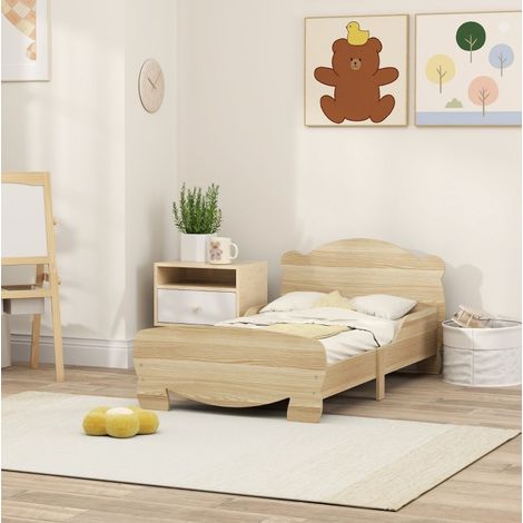Cama infantil casita de madera natural 140x70 cm con barandillas de seguridad y cabecero/piecero osito (1/5)