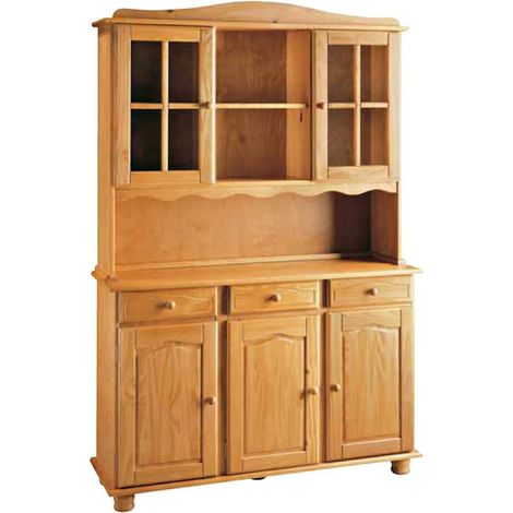 Pegane – Vitrine meuble de rangement en pin massif miel – 5 portes, 3 tiroirs, 2 niches – Dimensions 130 x 42 x 197 cm – Poids 54 kg (1/3)
