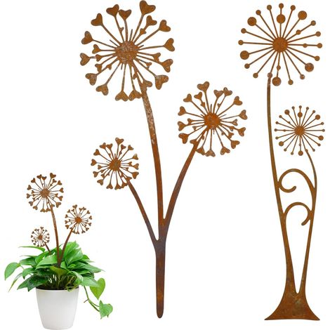 Lot de 2 Piquet de jardin Motif pissenlit Acier rouillé 30 cm Pour pelouse Cour Balcon (1/5)
