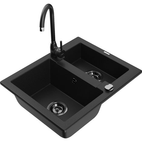 Mexen Carlos fregadero de granito de 1,5 senos con grifo de cocina Telma, negro - 6518-77-670200-70-B (1/5)