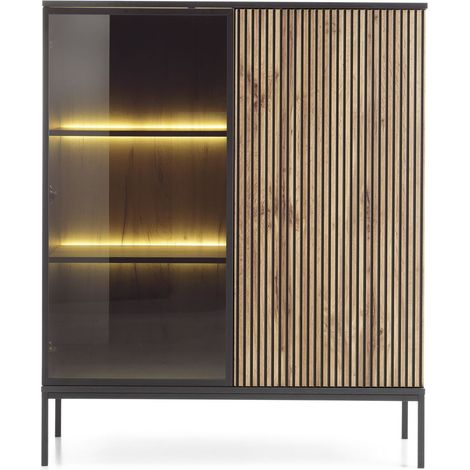 Vitrine basse moderne à façade cannelée, 104 × 126 × 39 cm, Noir / Chêne Wotan (1/5)