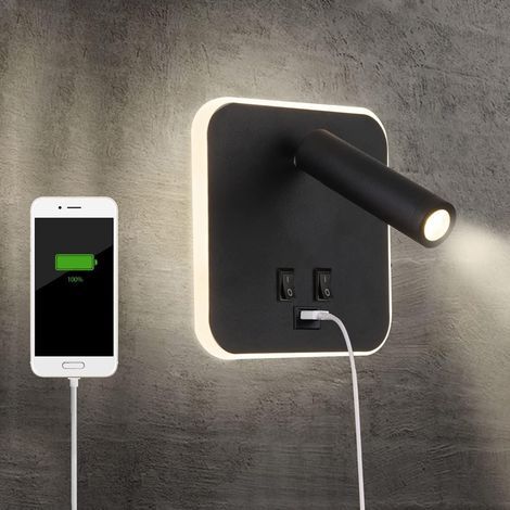 LED bedside lamp with USB charging port, indoor wall light, with switch, black, 3W + 10W (square USB) (1/5)