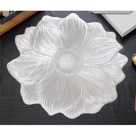 Ensemble de 6 Sets de Table Ronds 39 cm en Vinyle Métallisé à Motif Fleur de Lotus Pressée, pour Repas, Mariage, Décoration de Table, Argenté