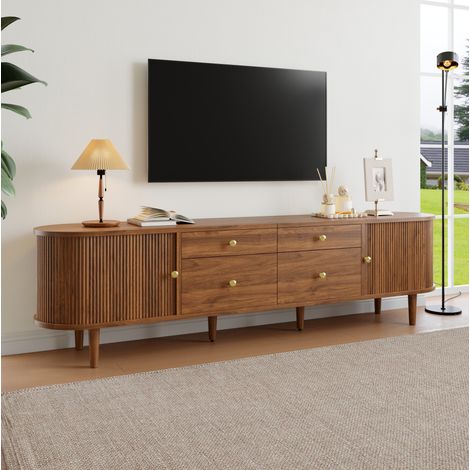 Mobile TV 180 cm con porte scorrevoli scanalate, 4 cassetti, gambe in legno, noce (1/5)