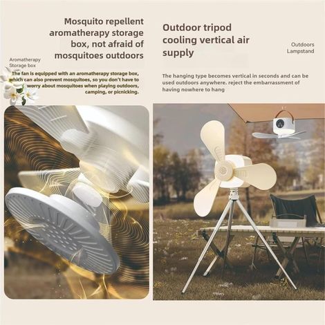 Mini ventilateur de plafond USB – Blanc, lampe intégrée, télécommande, 3 ventilateurs détachables, 3600 mAh, minuterie, 4 vitesses – Camping, tente, dortoir (1/3)
