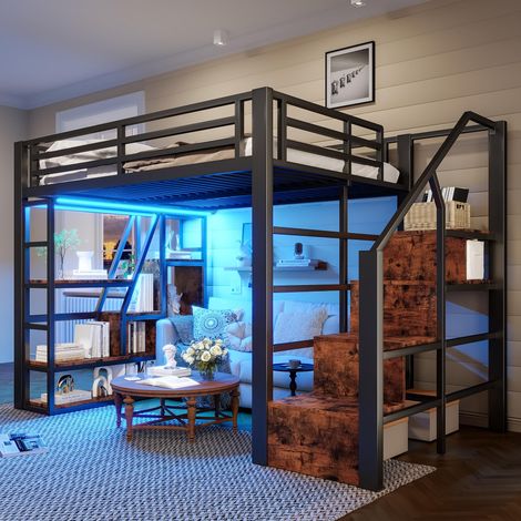 Lit mezzanine, 140x200cm, structure en fer, compartiment de rangement, marches intégrées, barrière de sécurité, échelle, éclairage LED, espace de rangement ouvert sous le lit, matelas non inclus, noir (1/5)